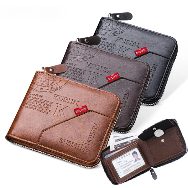 A set of dark brown vintage PU leather zipper wallets for men featuring a KUSIBI logo.