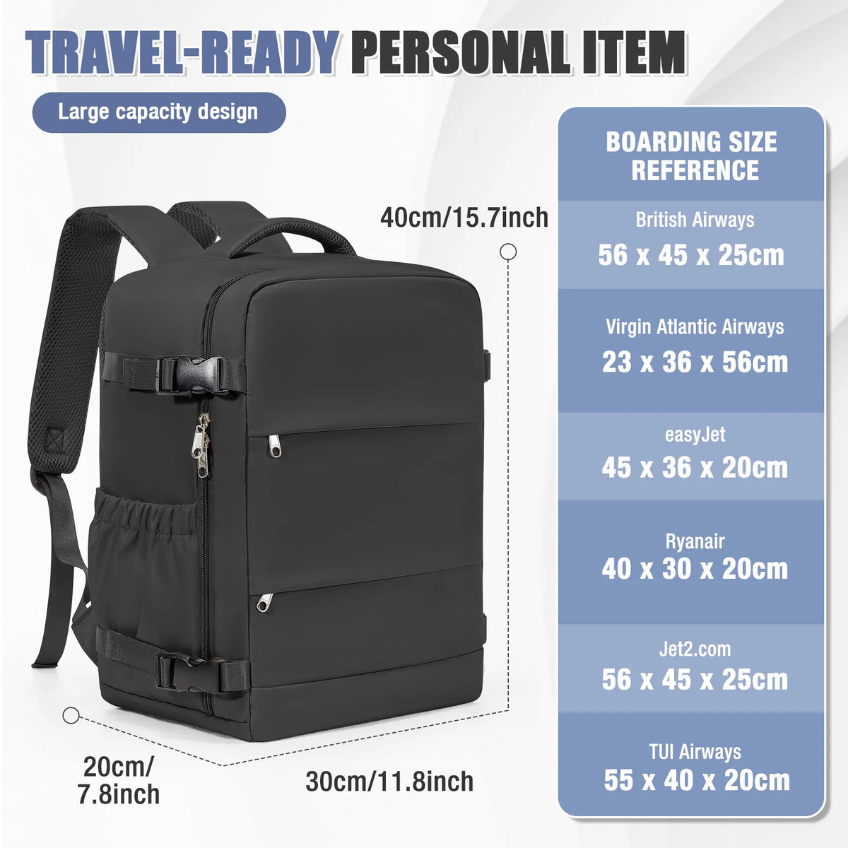 A dark gray travel backpack designed for personal items with various boarding size references.