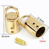 Gold-colored metal cord lock buckles with 17.5mm and 28.5mm dimensions and a 12mm screw.