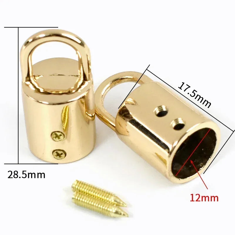 Gold-colored metal cord lock buckles with 17.5mm and 28.5mm dimensions and a 12mm screw.