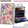 A floral design metal card holder with ten slots for ID cards and money.