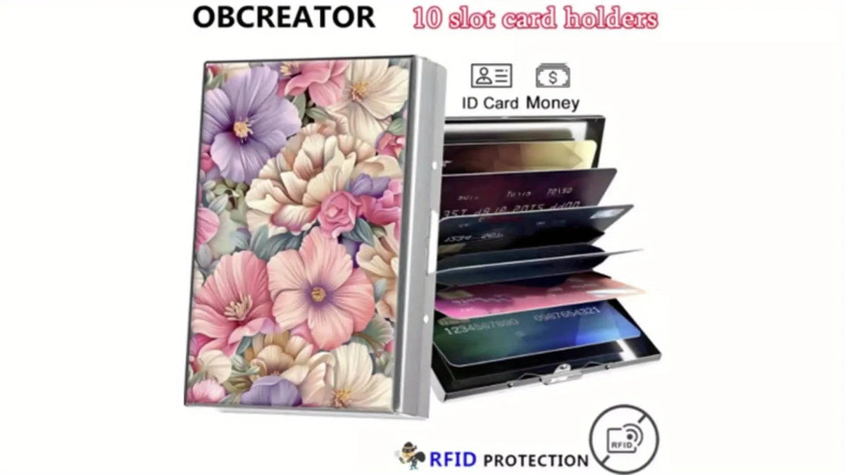 A floral design metal card holder with ten slots for ID cards and money.