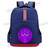 A dark blue backpack featuring a purple cartoon devil character design and red and white stripes.