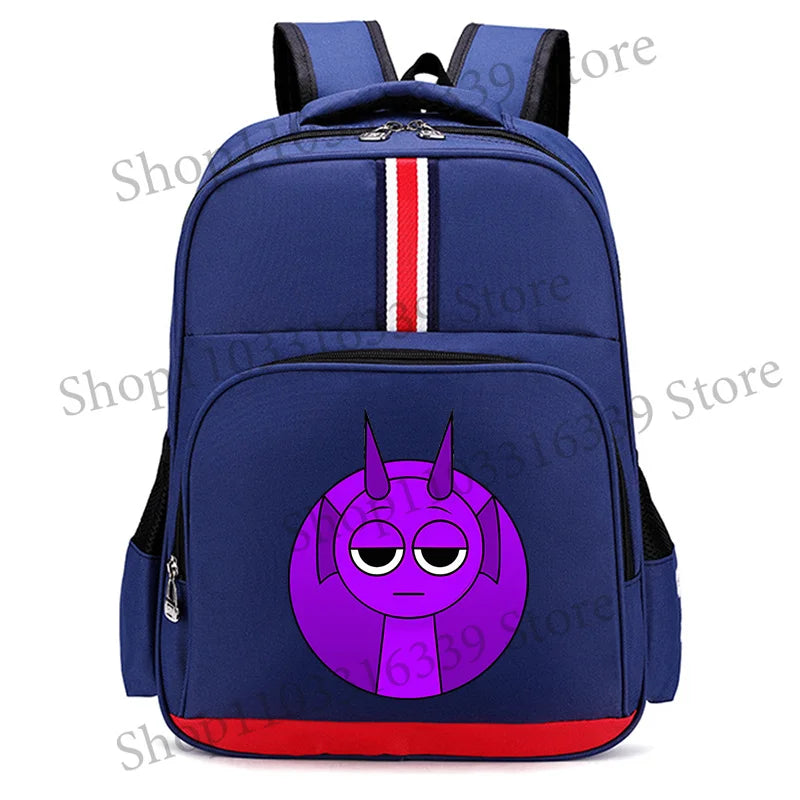 A dark blue backpack featuring a purple cartoon devil character design and red and white stripes.