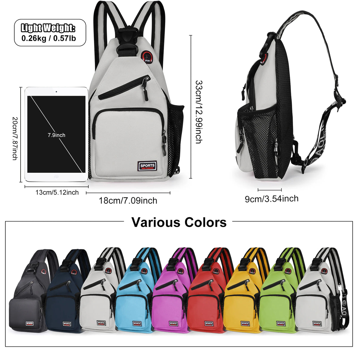 Various colors of a multi-use adjustable chest and shoulder bag for travel shown in different angles