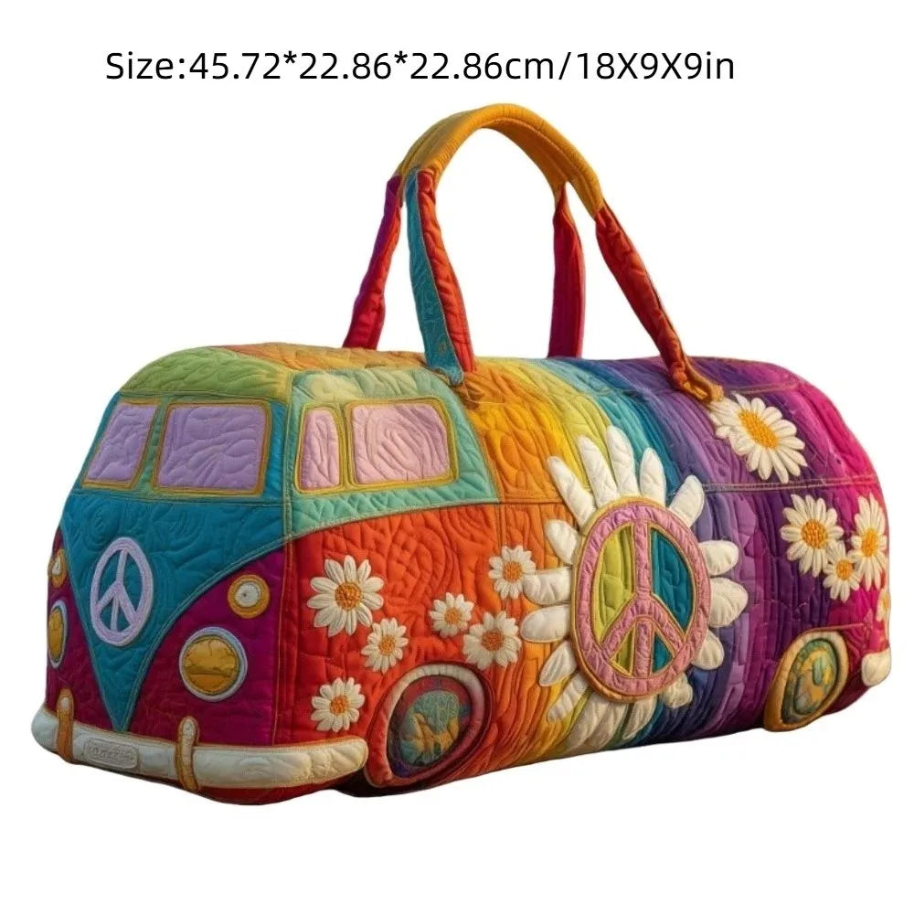 A colorful quilted travel duffle bag featuring a rainbow design and peace signs.