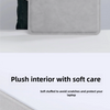 A gray premium PU laptop sleeve is shown being held, with text promoting a plush interior and soft care.