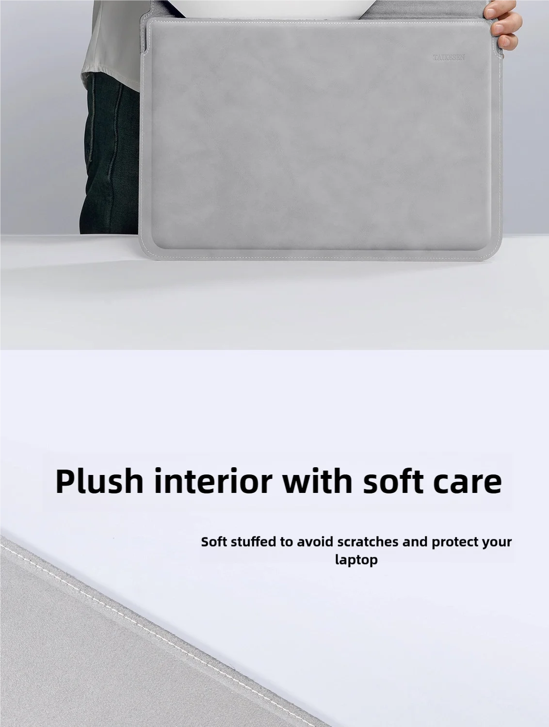 A gray premium PU laptop sleeve is shown being held, with text promoting a plush interior and soft care.