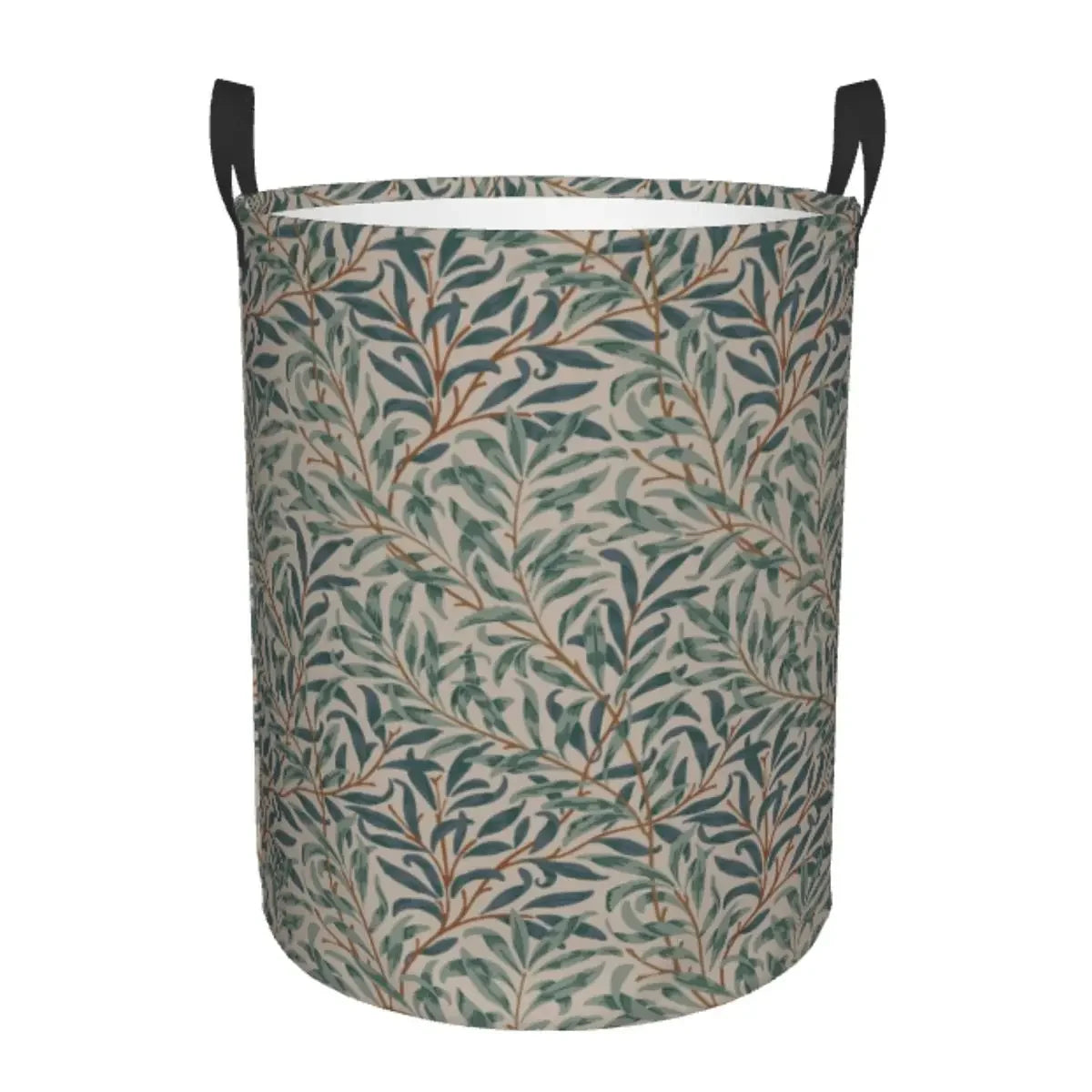 A large, foldable laundry hamper with a beige and green vintage floral pattern.