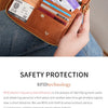 A close-up of a brown RFID blocking travel passport holder with various cards and a hand holding it.