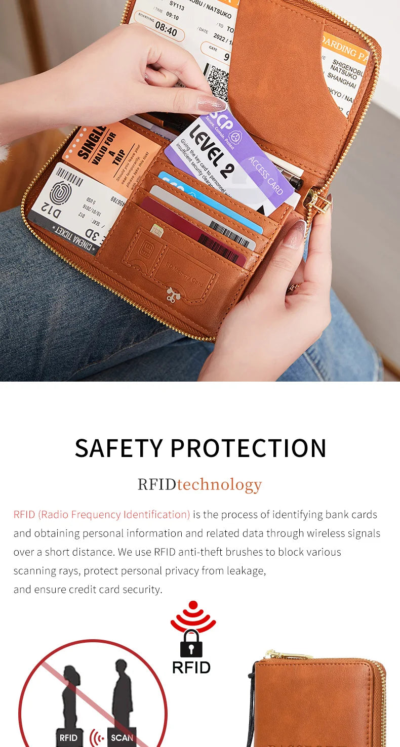 A close-up of a brown RFID blocking travel passport holder with various cards and a hand holding it.