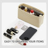 A beige felt mini bag organizer pouch is shown open, displaying various small cosmetic and accessory items.