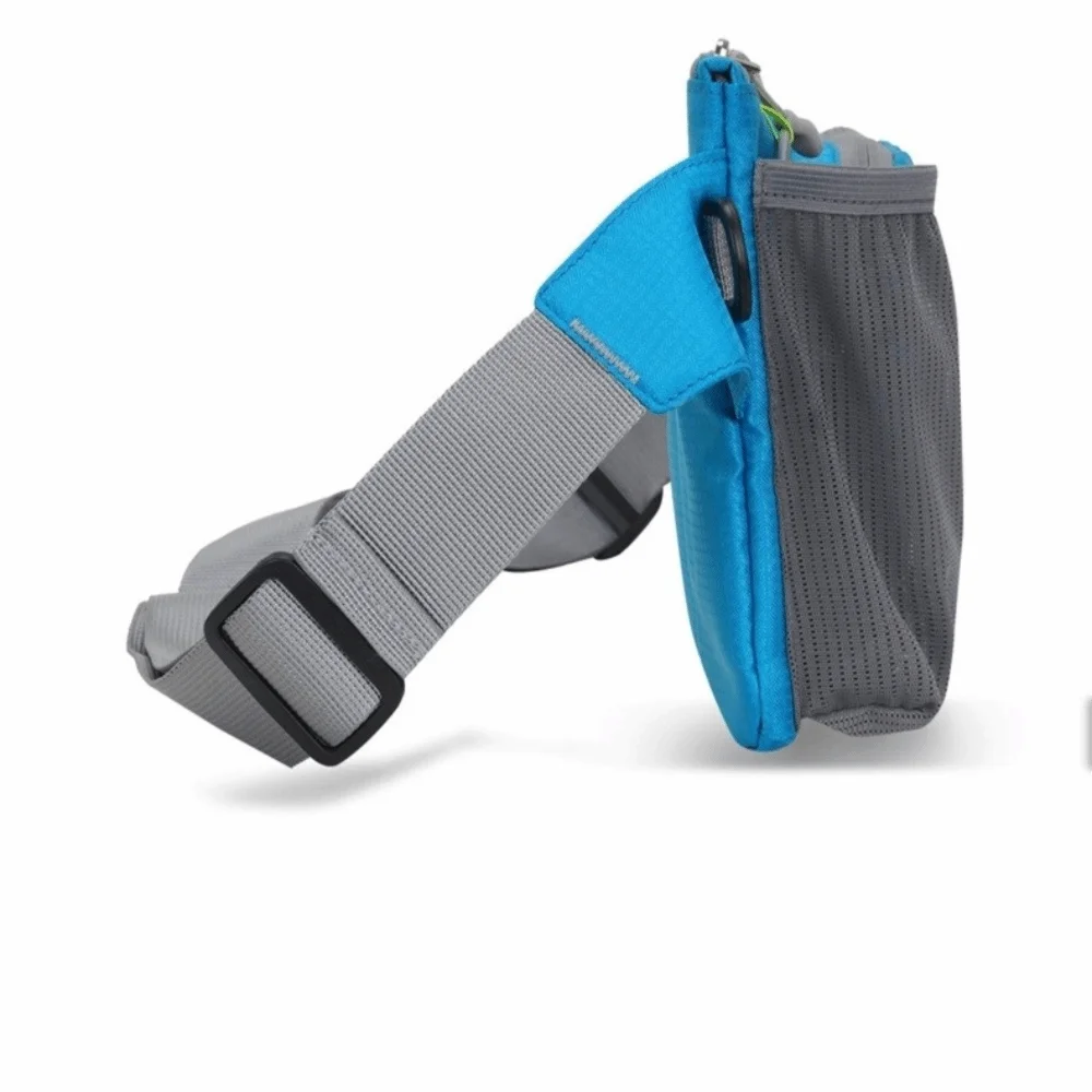 A blue and gray waterproof invisible waist pack designed for runners and travelers.