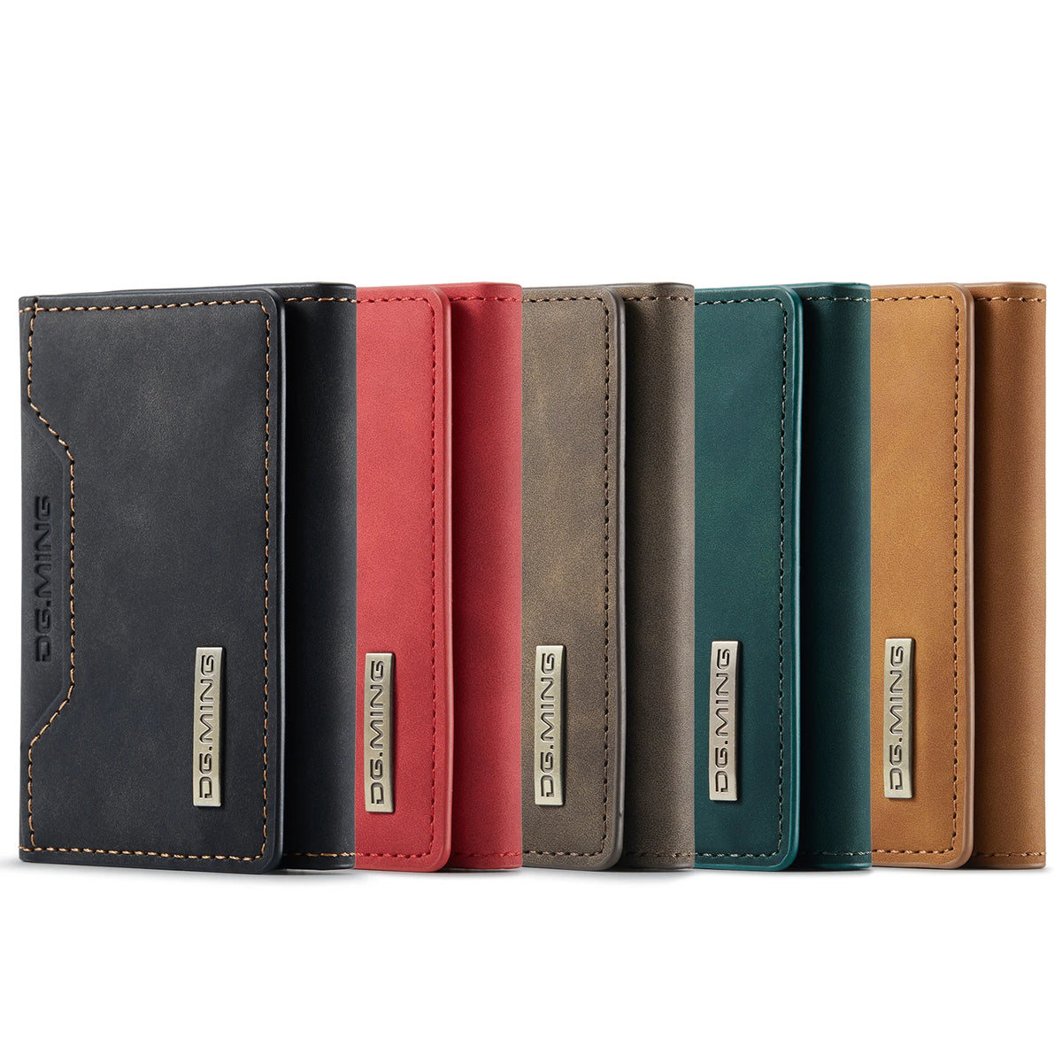 A row of ten trifold magnetic card holder wallets in various colors including black, red, olive green, and tan.