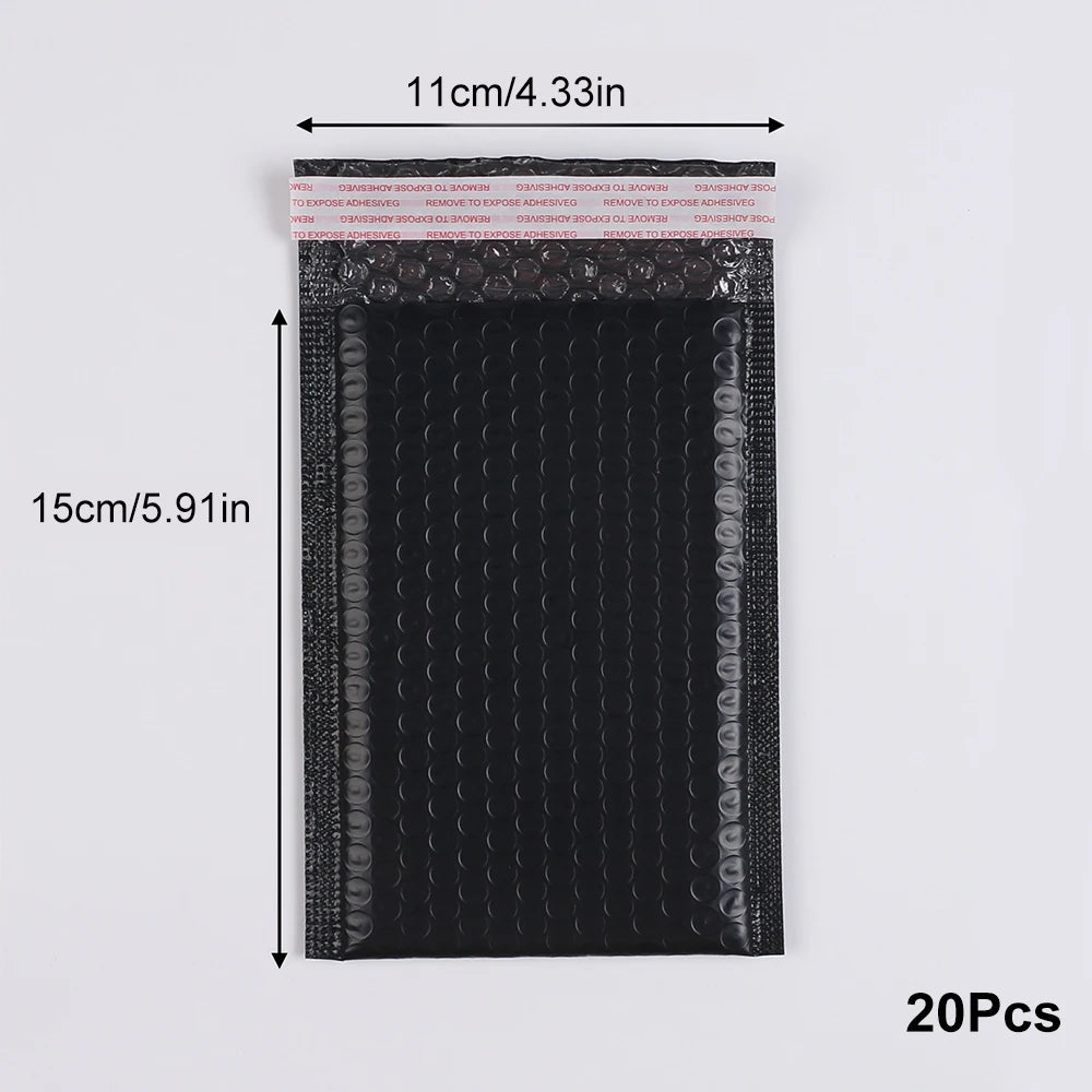 A package of 20 black bubble mailers with self-seal closure.