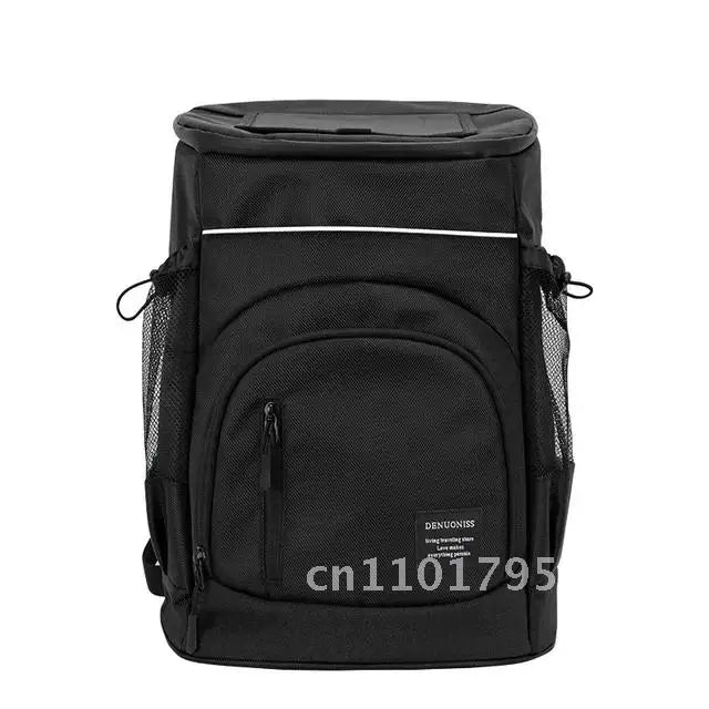 Black insulated travel cooler backpack with mesh pockets