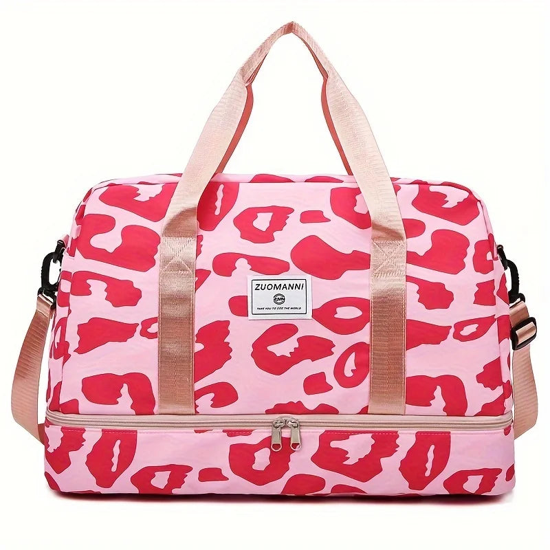Pink leopard print nylon travel duffle bag with pink straps