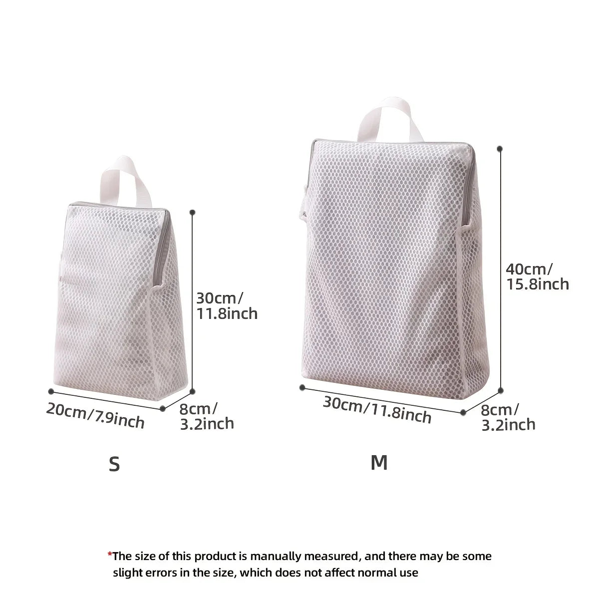 A white honeycomb mesh laundry bag shown with size measurements for small and medium sizes.
