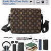 A brown men's casual crossbody bag is shown with various daily necessities like a phone, notebook, and sunglasses.