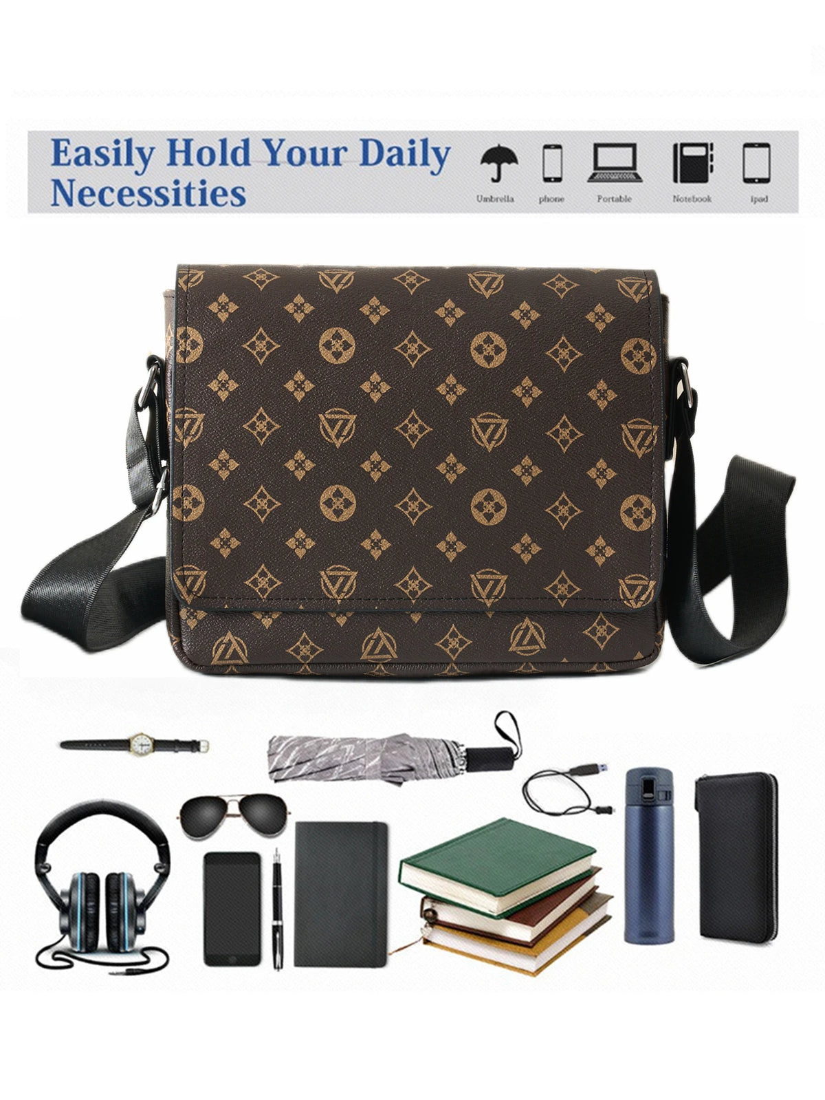 A brown men's casual crossbody bag is shown with various daily necessities like a phone, notebook, and sunglasses.