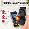 Une main tient un porte-cartes RFID anti-blocage noir avec un écran d'approbation de paiement, démontrant la protection des c