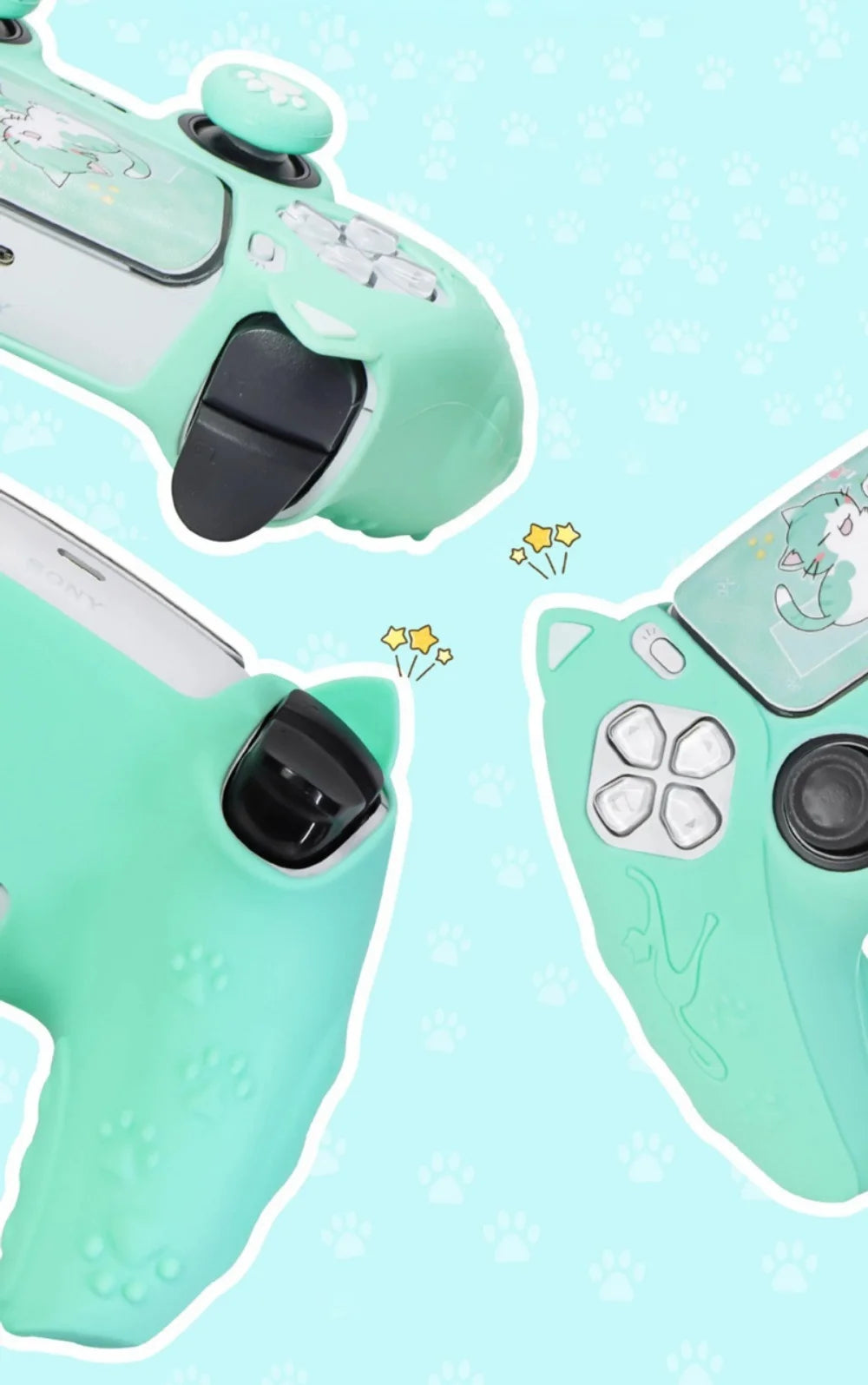 A close-up view of a light green silicone grip cover for a PS5 controller with cat paw print texture.