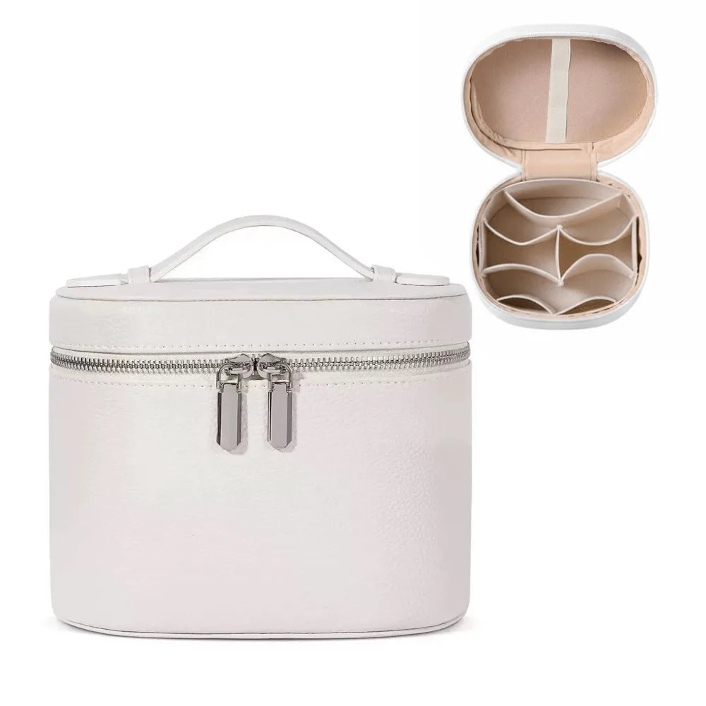 A white travel makeup organizer with a zipper closure, shown open and closed.