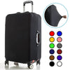 Black stretch fabric luggage protector cover with wheels and a handle shown next to color options