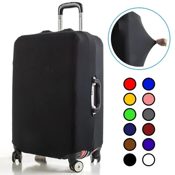 Black stretch fabric luggage protector cover with wheels and a handle shown next to color options