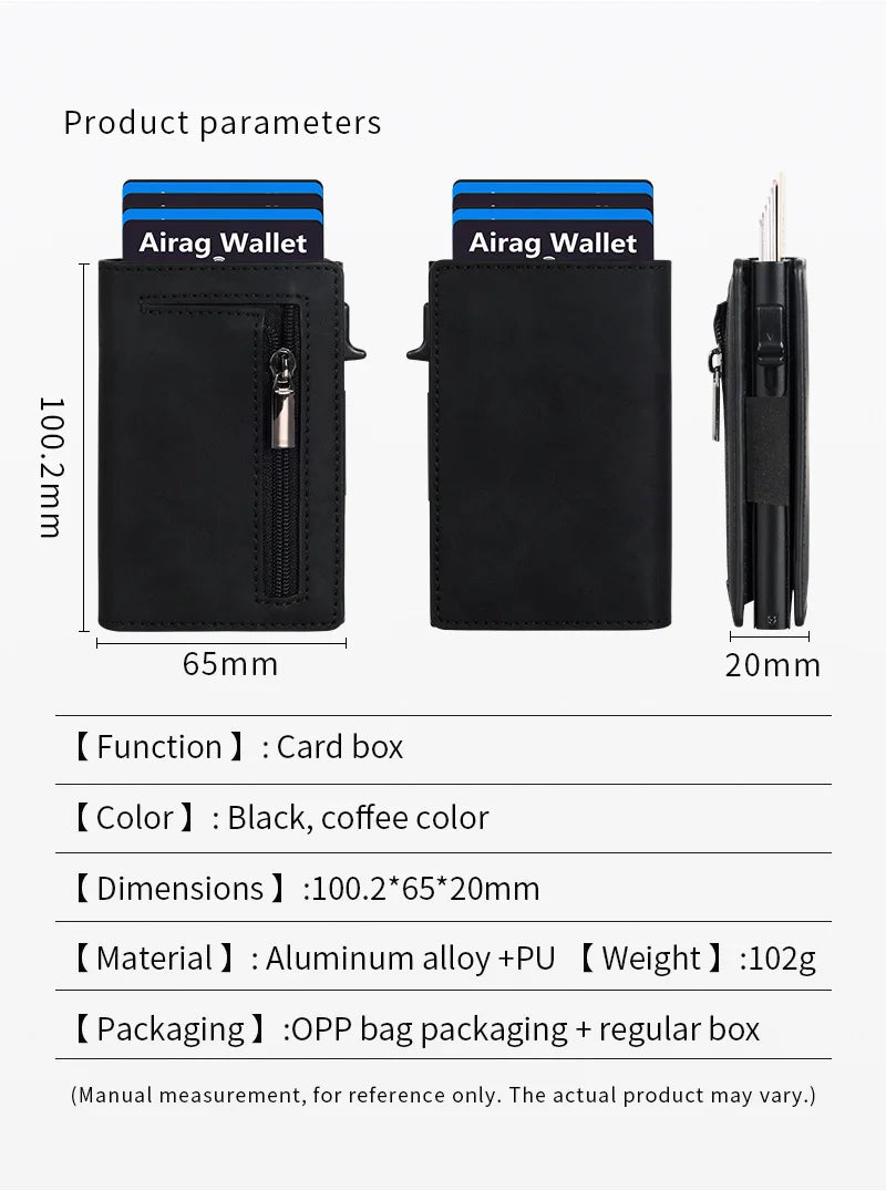 Black minimalist magnetic wallet with Airag Wallet branding shown next to a separate box.