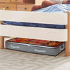 A wooden bed frame with two white slats and a gray storage box underneath.