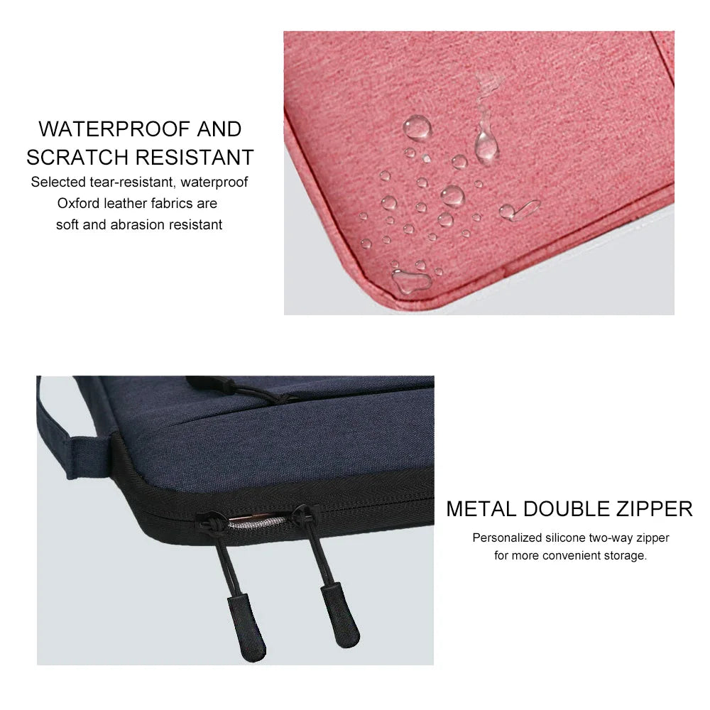 A pink Oxford leather laptop sleeve showing its waterproof and scratch resistant features and a metal double zipper.