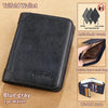 A black trifold wallet with a brown lining is shown next to accessories and detail shots.