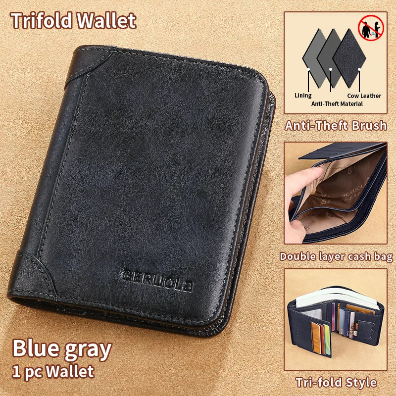 A black trifold wallet with a brown lining is shown next to accessories and detail shots.