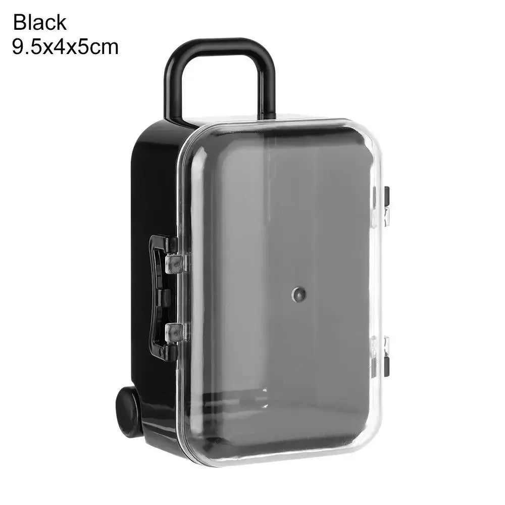 Black miniature doll suitcase with a clear lid and handle