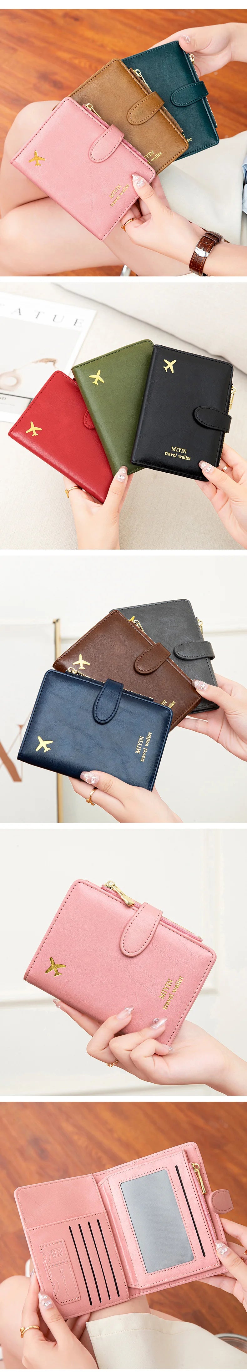 A collection of multi-functional PU leather passport wallets in various shades of pink, green, and brown being held by hands.