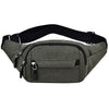 A dark olive green canvas waist fanny bag with a black adjustable strap.