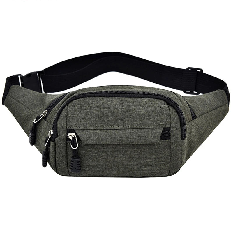 A dark olive green canvas waist fanny bag with a black adjustable strap.