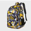 A yellow and black geometric patterned backpack for laptop and daily carry.
