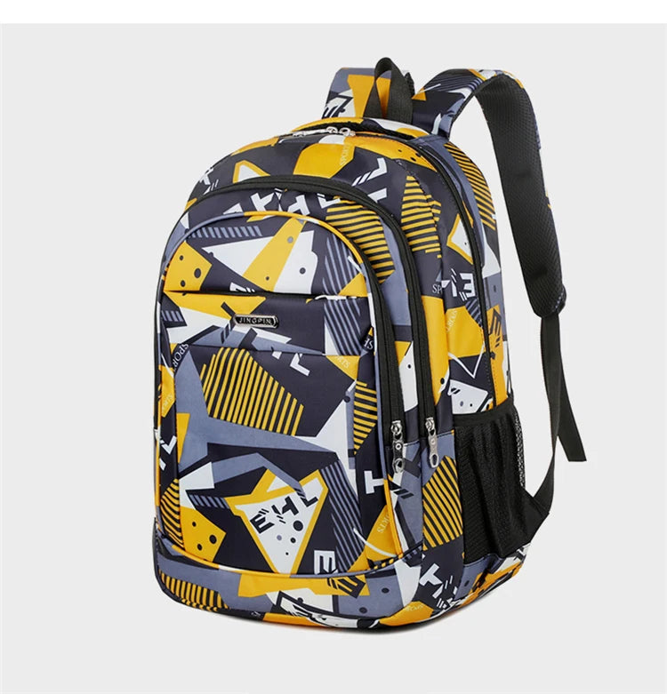 A yellow and black geometric patterned backpack for laptop and daily carry.