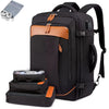 Black expandable travel backpack with multiple storage compartments and included packing cubes