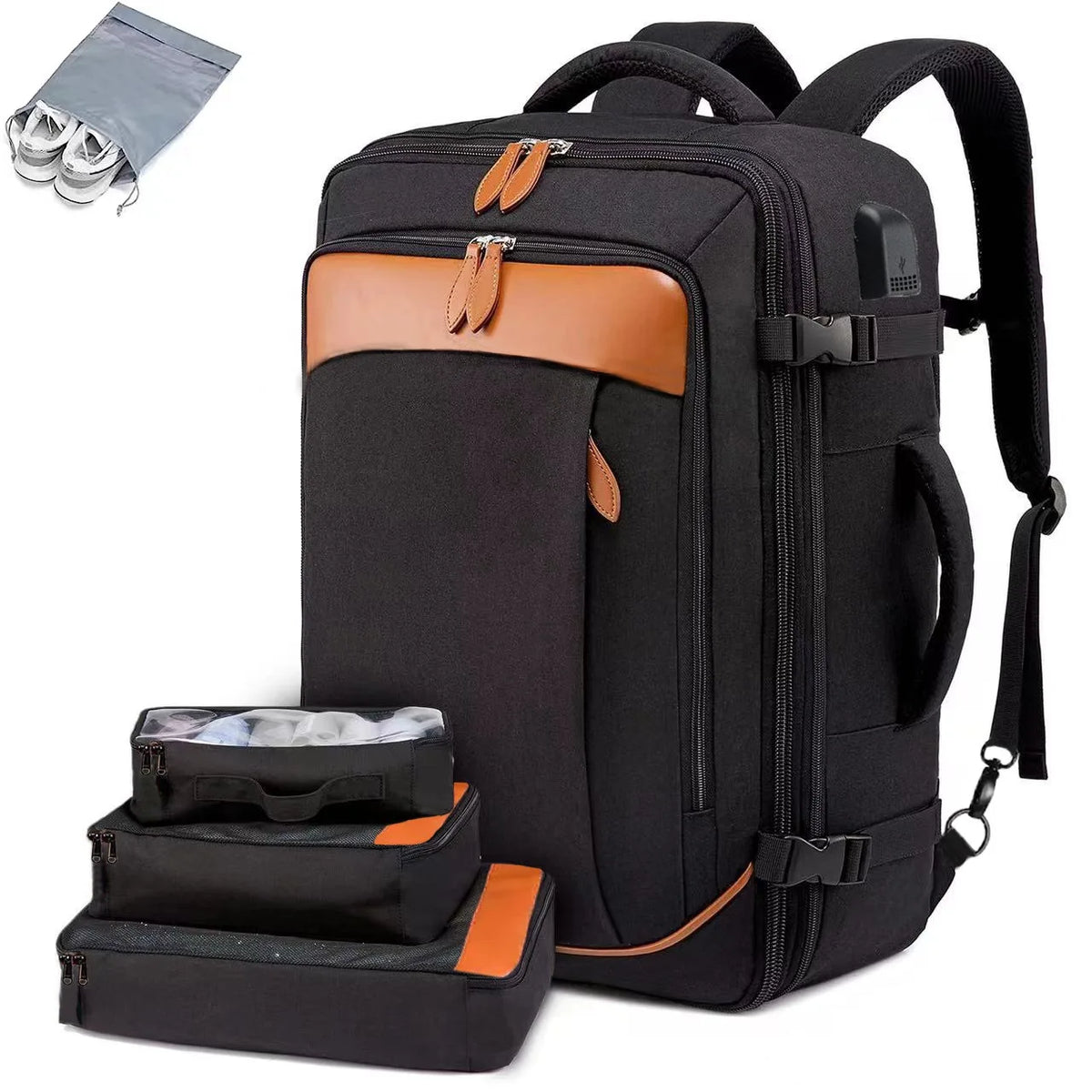 Black expandable travel backpack with multiple storage compartments and included packing cubes