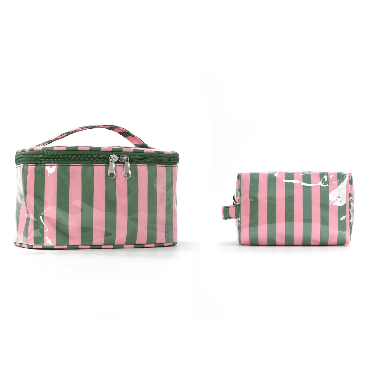 Bolsa de almacenamiento de cosméticos a rayas verticales rosas y verdes.