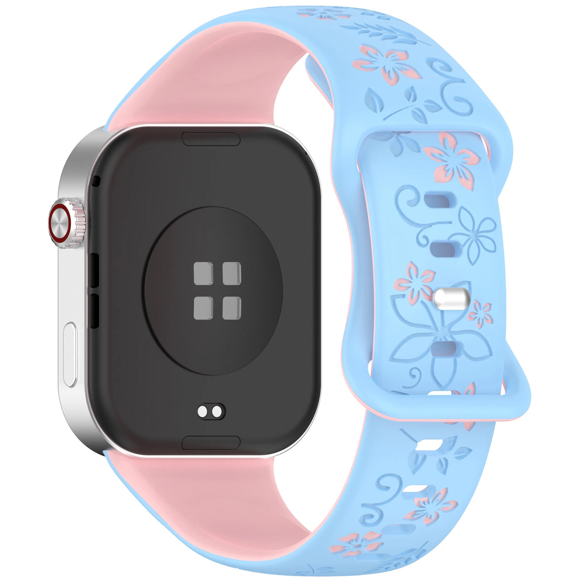 Una correa de silicona rosa y azul con un reloj inteligente negro que muestra una cuadrícula de puntos.