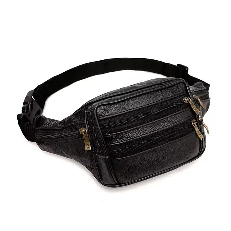 Sac à taille en cuir véritable noir pour homme avec plusieurs compartiments zippés