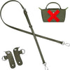 A dark olive green leather crossbody strap with a rectangular pouch and attached leather tags.
