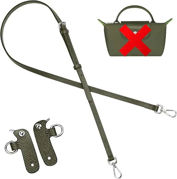 A dark olive green leather crossbody strap with a rectangular pouch and attached leather tags.