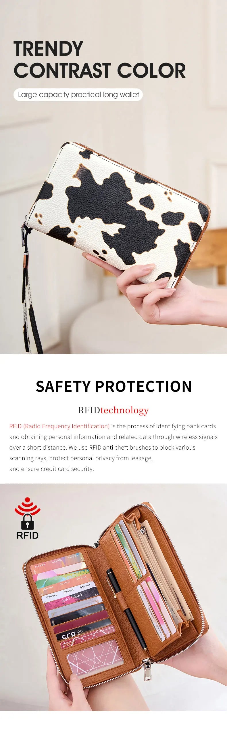 A close-up of a trendy contrast color long wallet featuring a cow print design.