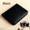 Black genuine leather RFID blocking wallet shown on a light background.