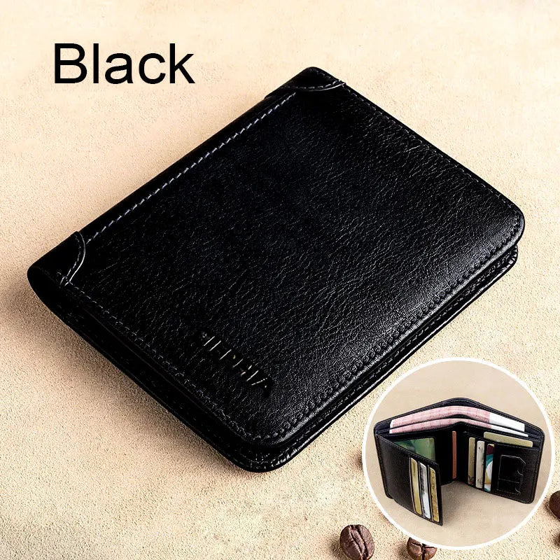Black genuine leather RFID blocking wallet shown on a light background.